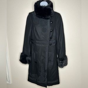Tracy Reece black faux fur trim embellished wool dress coat button lined